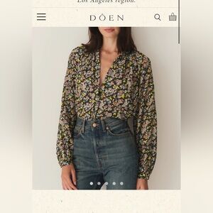 DÔEN Black Floral Button-Up Blouson Top with Green and Pink Accents